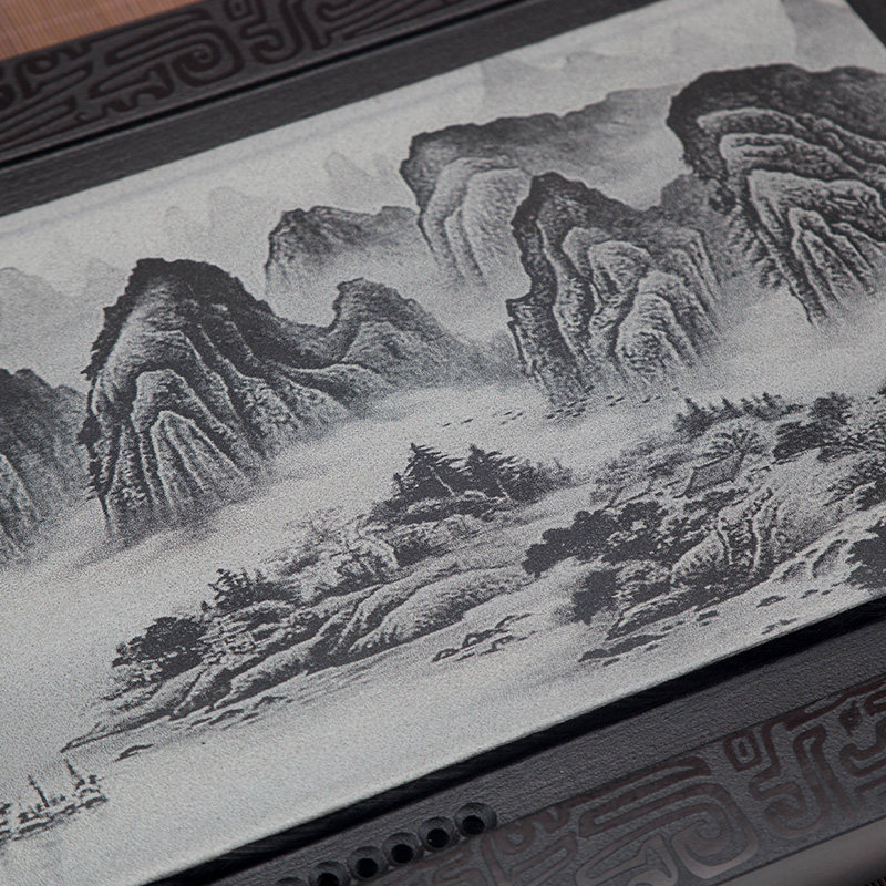 影雕茶盘天然黑金石茶海大号小号石头茶具家用排水茶台乌金石茶盘