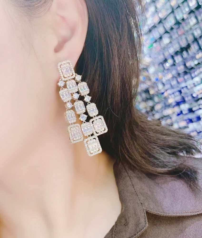 耳环欧美奢华银针高级方钻锆石重工珠宝长款耳环