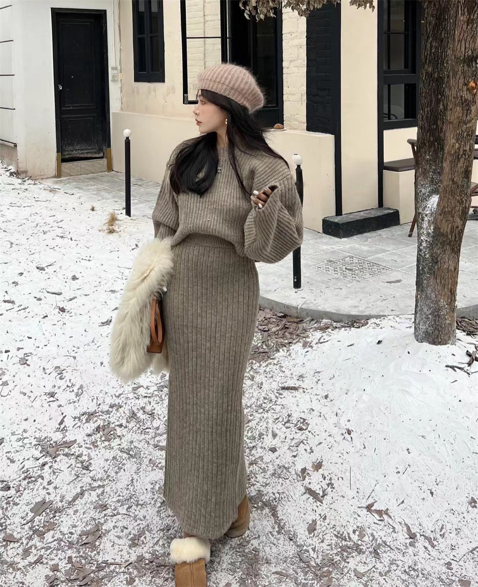 韩国东大门时尚中长款高腰修身包臀针织半身裙套装毛衣裙子两件套