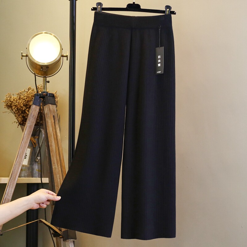 松紧腰针织阔腿裤女秋冬九分休闲直筒宽腿裤垂坠感显瘦加厚毛线裤