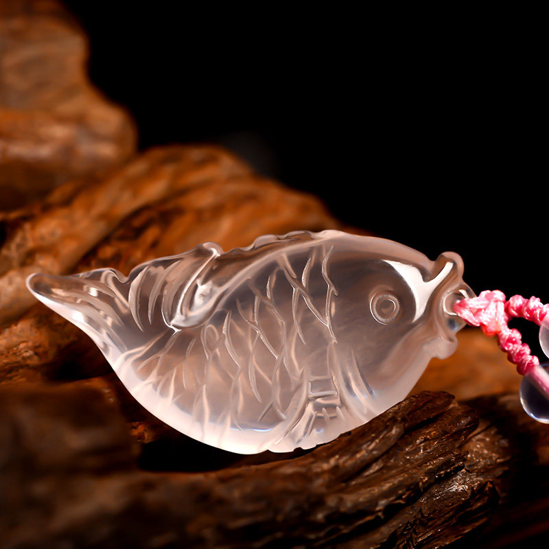 天然水晶文昌鱼吊坠项链粉晶锦鲤学生转运助考项坠