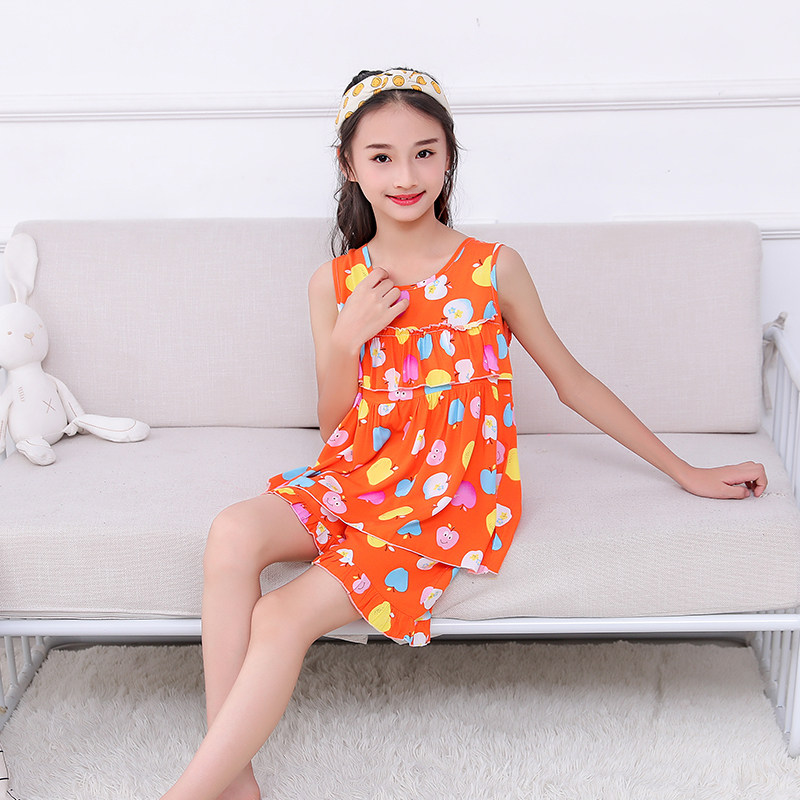 儿童背心女童棉绸吊带睡衣小女孩无袖中大童夏家居服套装