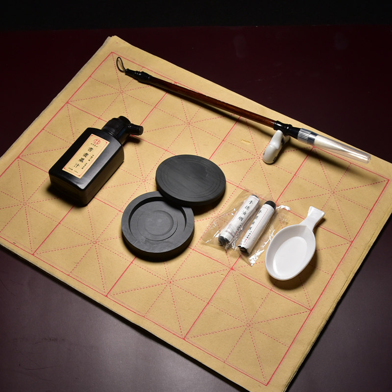 原石歙砚砚台带盖松烟徽墨墨条毛边宣纸兼毫湖笔毛笔墨汁笔架笔搁墨碟