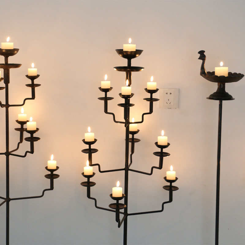 复古烛台中式仿古油灯莲花落地铁艺铸铁禅意烛台