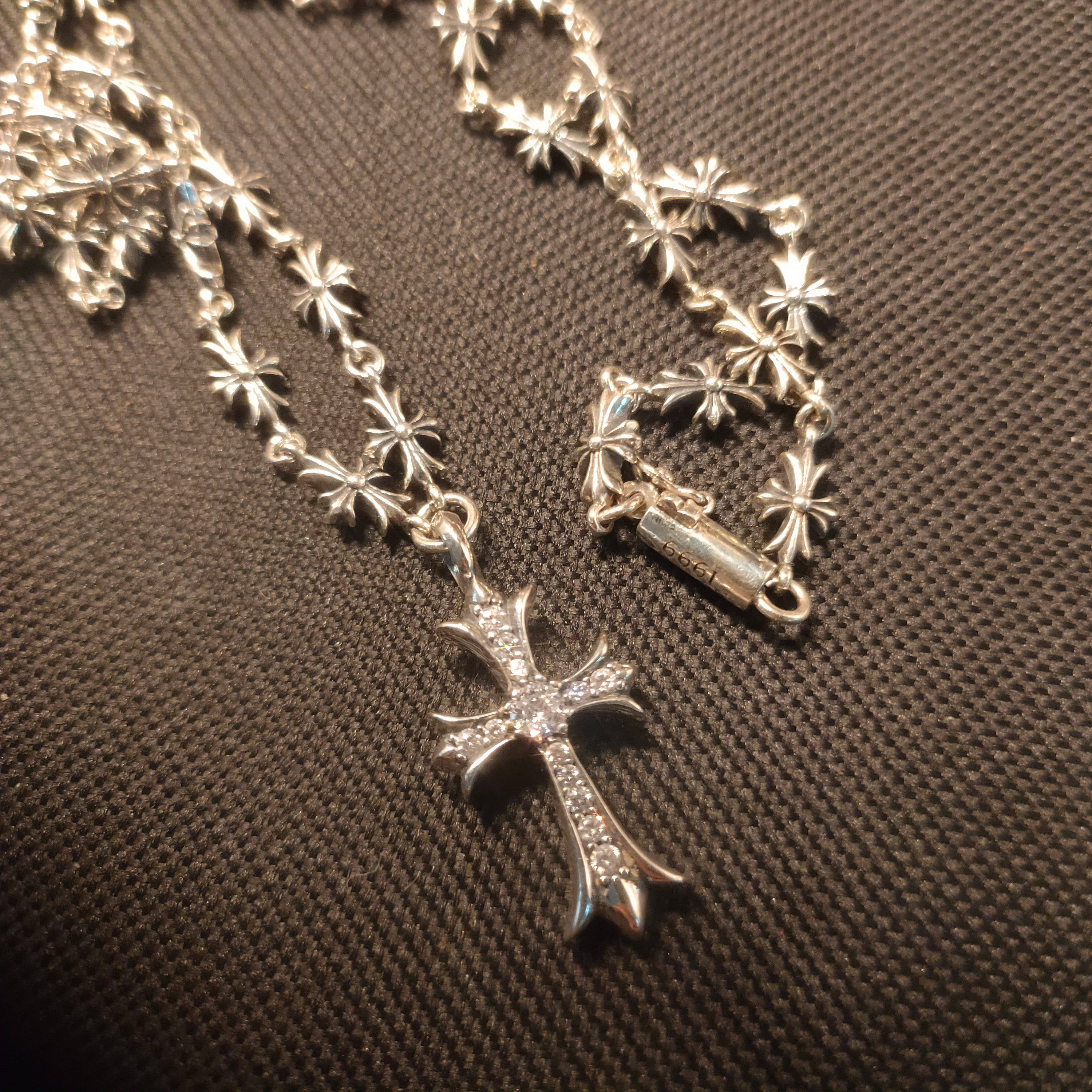 s925纯银电镀22krockagech风格镶钻十字架明星同款项链