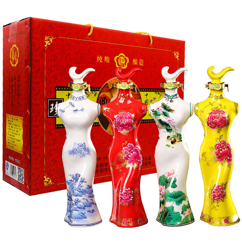 礼品白酒整箱500ml4瓶旗袍美女53度清香香型国产白酒