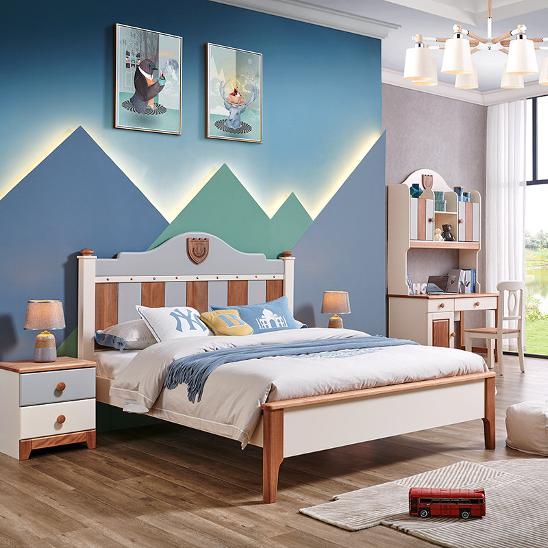 全实木原木北欧式儿童床男女孩套房家具木蜡油红檀木单双人床航海