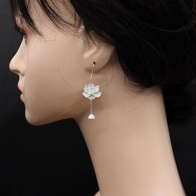 纯银莲叶荷花耳环足银手工拉丝莲蓬民族耳坠耳环