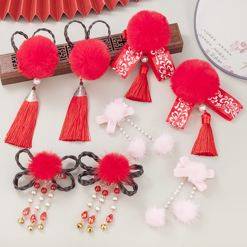 新年儿童格格发饰女童红色唐装发夹过年古风发饰