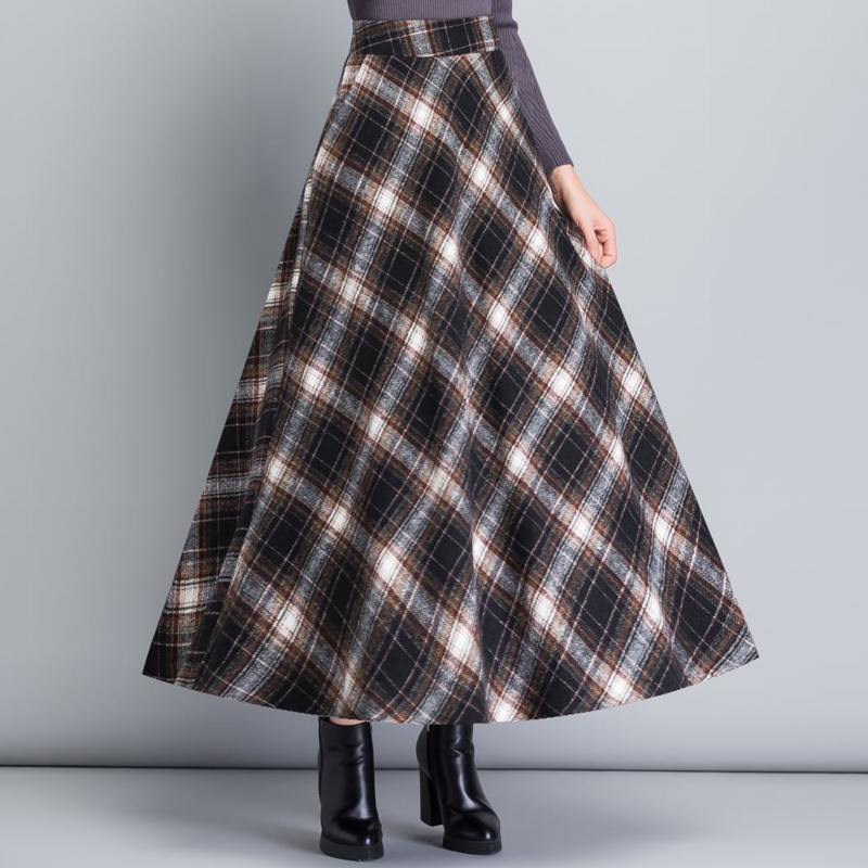 格子半身裙女秋冬中长款毛呢长裙复古英伦格纹垂感大摆裙冬天裙子