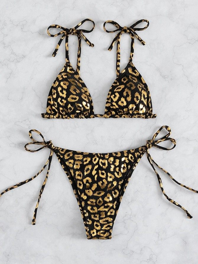 豹纹印花三角比基尼系带挂脖分体泳衣欧美性感比基尼