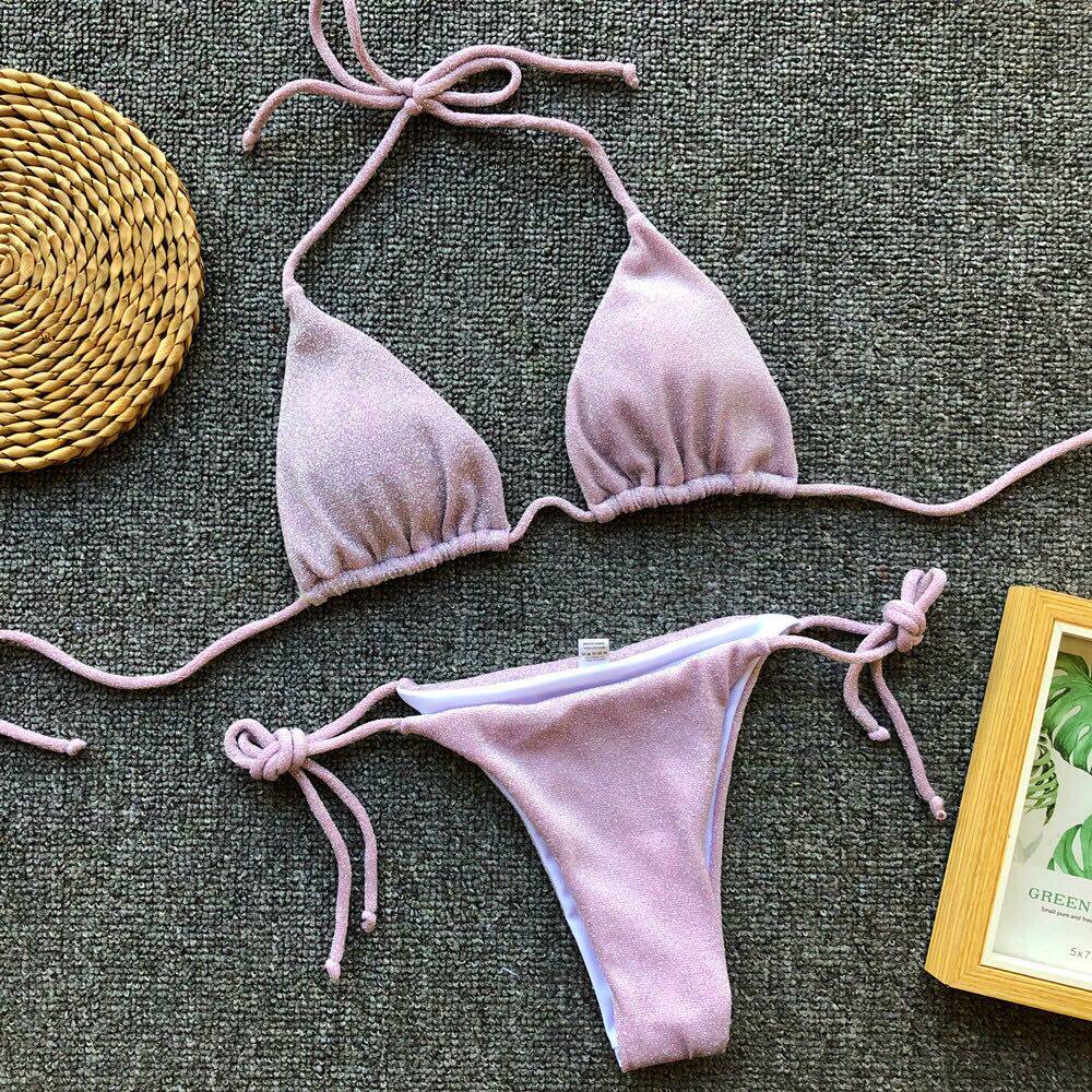 比基尼欧美闪光面料女士泳衣纯色分体比基尼bikini度假比基尼热卖