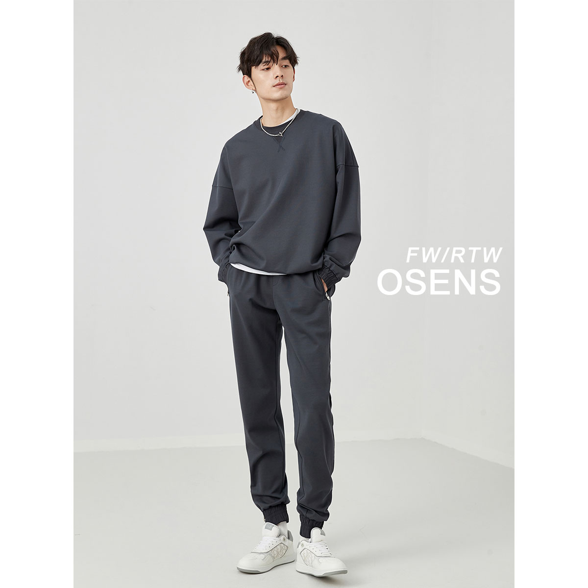 OSENS男装 双面肌理针织精工细节圆领套头卫衣套装