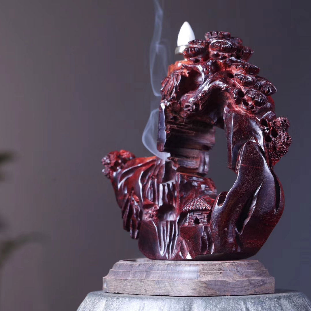 印度小叶紫檀高山流水木雕红木倒流流香摆件山水摆件