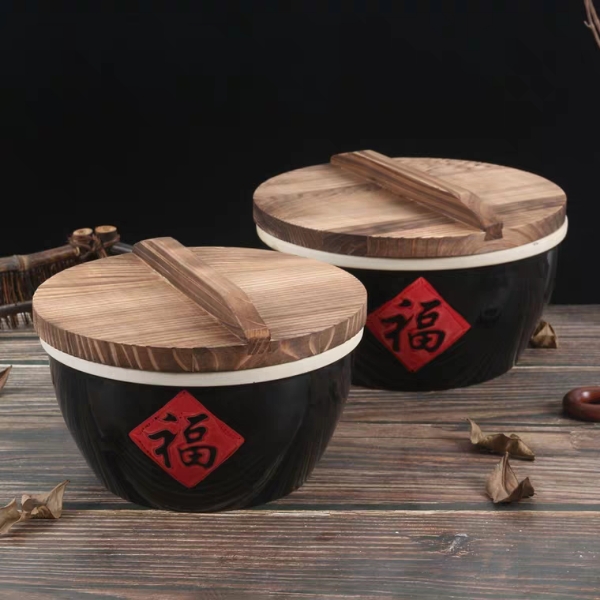 陶瓷福字米缸大号家用饭店特色餐具怀旧老式酱缸带盖猪油罐发面盆