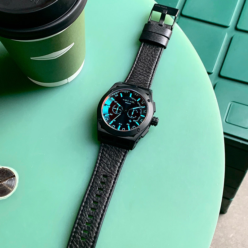 手表diesel旗舰店迪赛变色龙皮革黑色偏光腕表dz4544欧美腕表