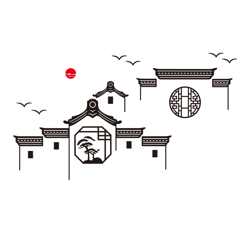中式饭店背景墙装饰贴画中国国风徽派建筑筑墙墙贴
