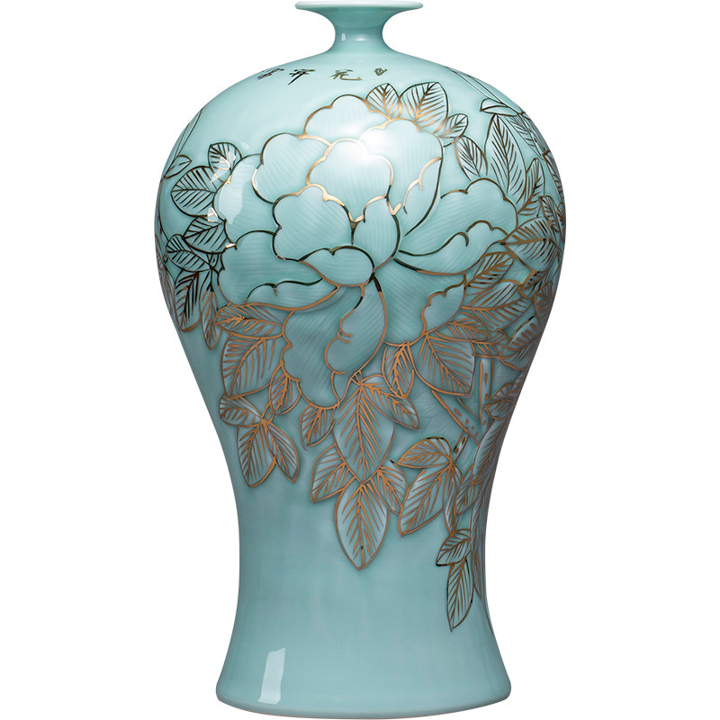 景德镇陶瓷器名家手绘影青釉描金大花瓶客厅中式办公室装饰品摆件