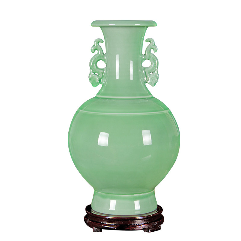 景德镇陶瓷器仿古青釉双耳花瓶插花中式复古典家居客厅装饰品摆件