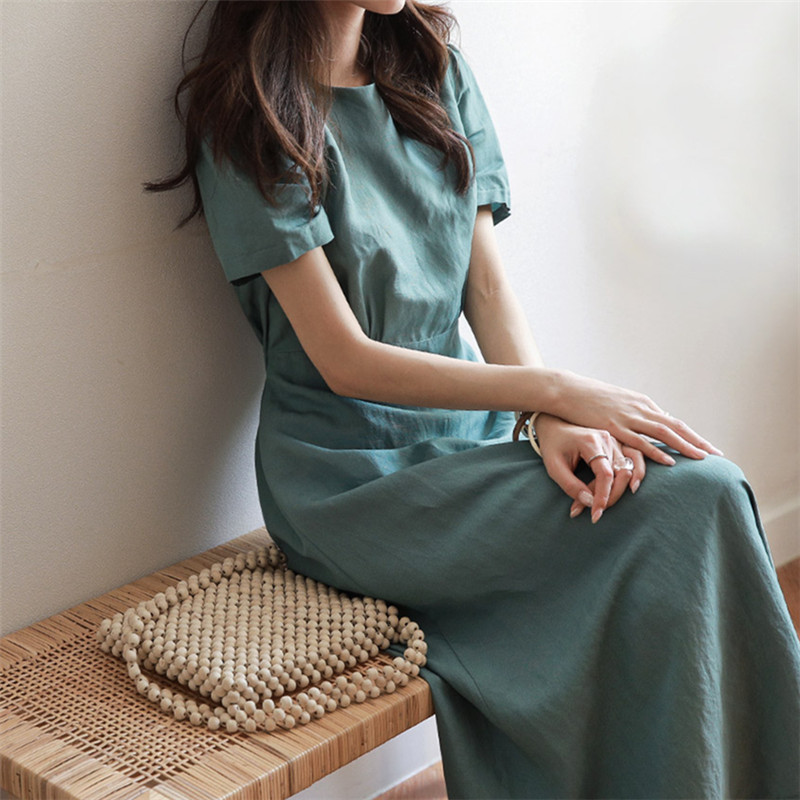 温柔风绿色棉麻连衣裙女夏2021新款收腰修身显瘦气质亚麻长款裙子
