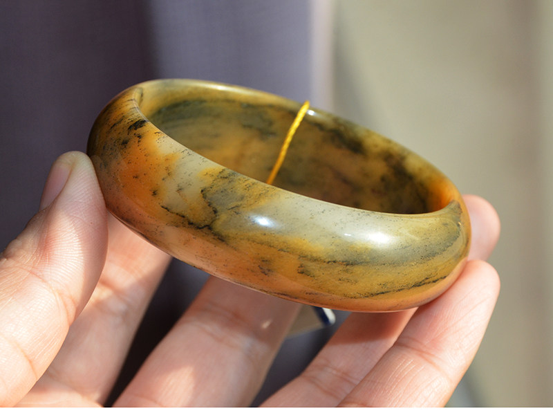 加宽版辉煌彩玉手镯子宽条山水国画石新疆天然金丝玉