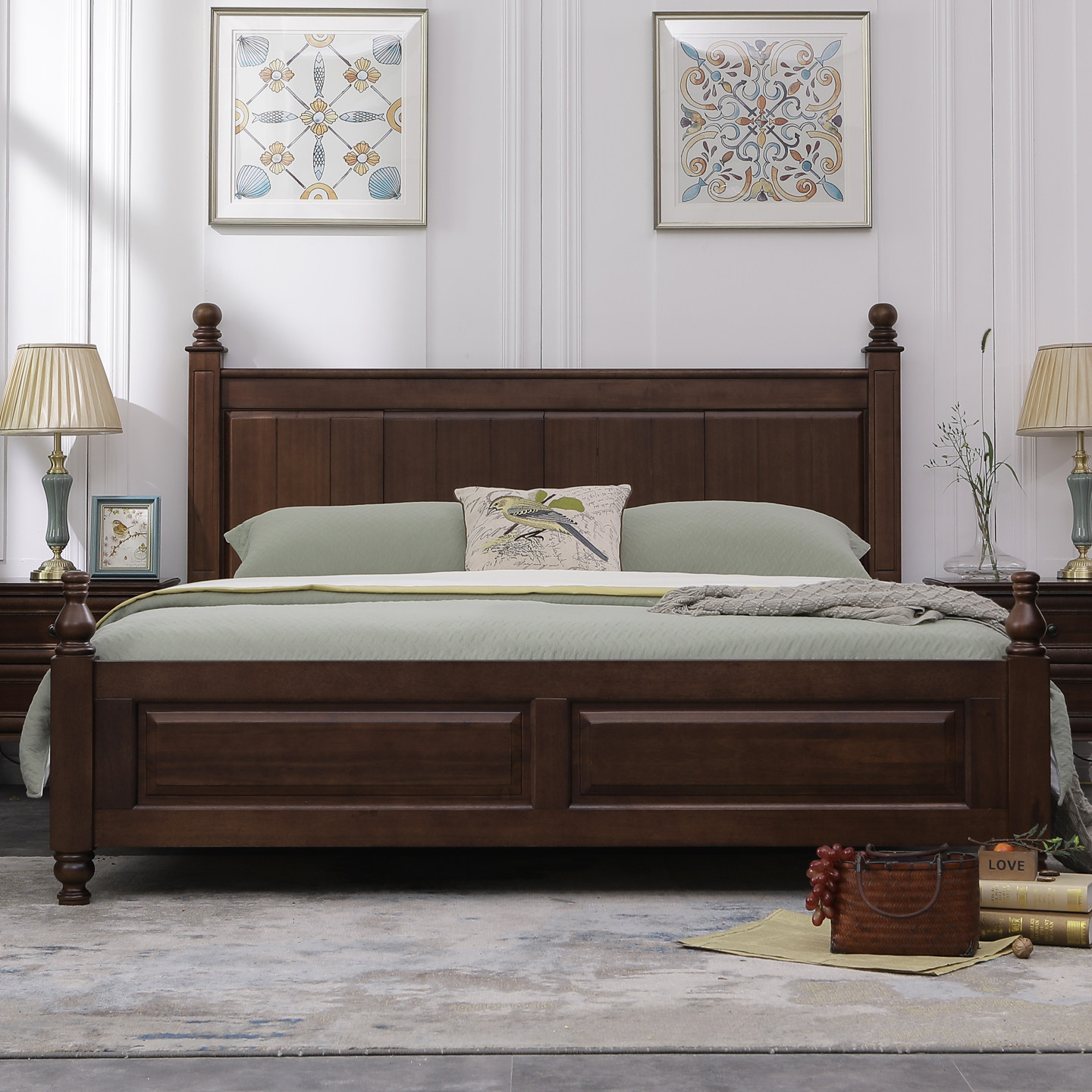 木床美式乡村1.8米双人床复古卧室家具实木床