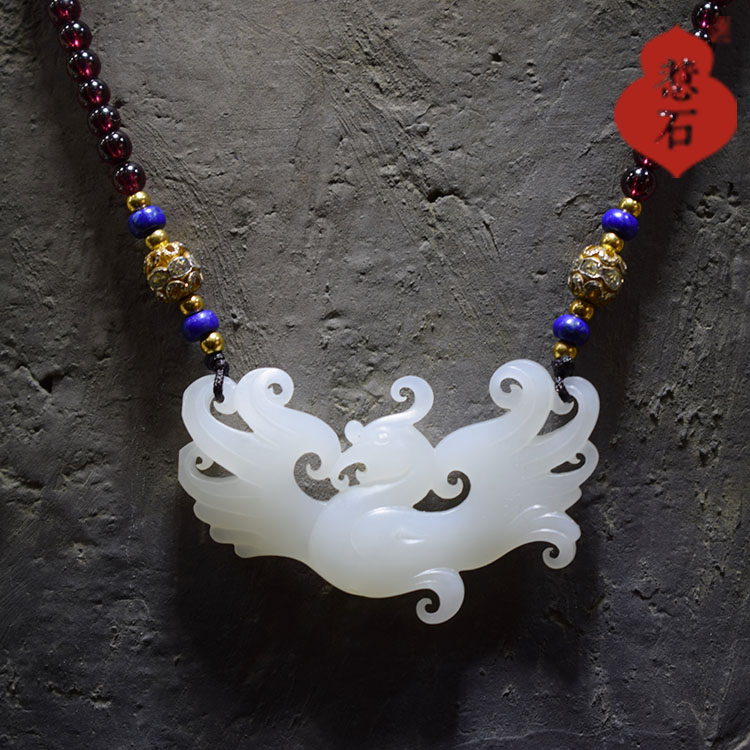 苏工结缘玉雕和田玉籽凤凰女款白玉挂件吊坠颈饰