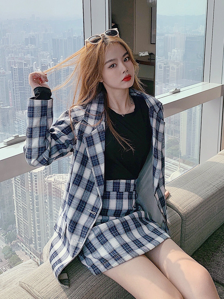女秋季复古格子西装套装裙