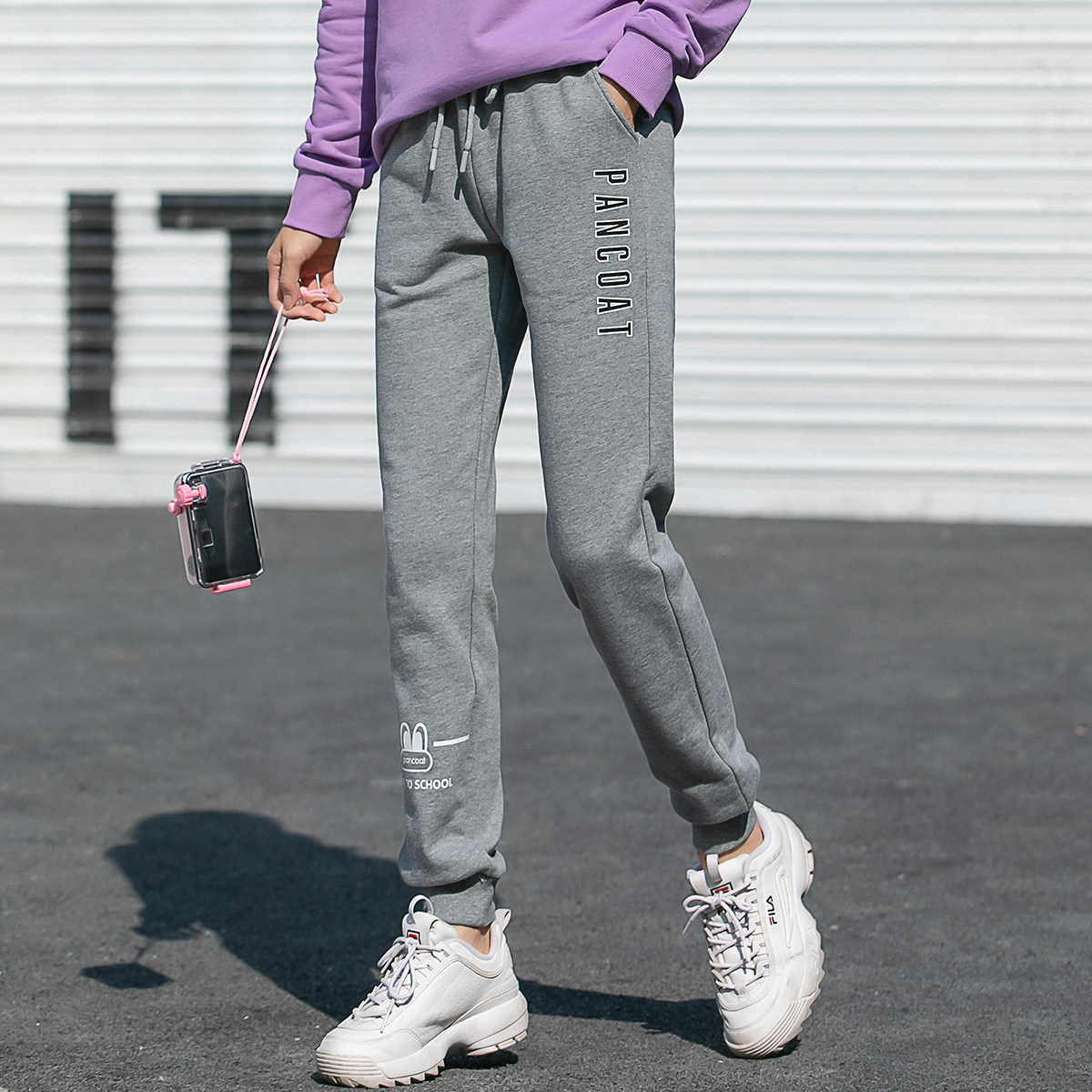 pancoat春秋秋季女士卫裤运动潮牌logo印花抽绳休闲裤