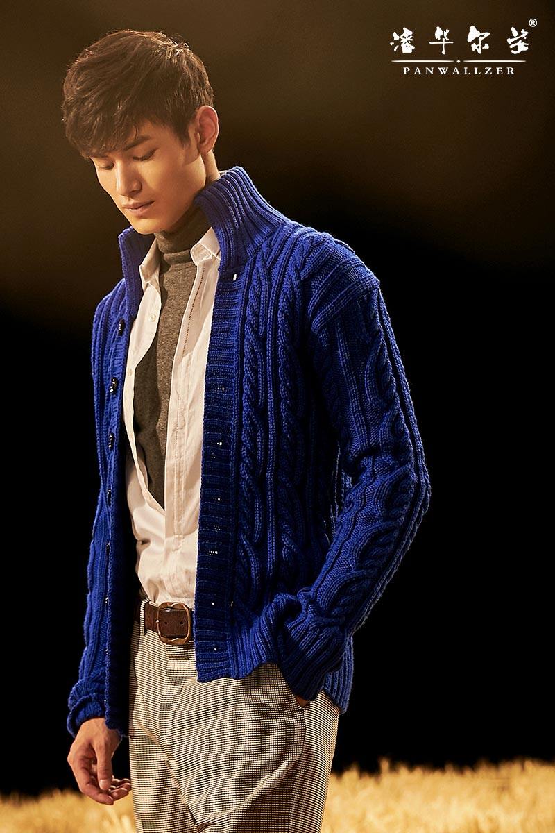 手工毛衣定制编织潘华尔姿毛衣开衫男冬外套加厚款立领时尚新款