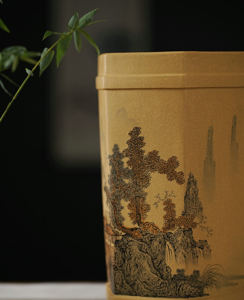 花盆尚扣雅奢潘涛精品紫砂手工彩绘山水六方花盆