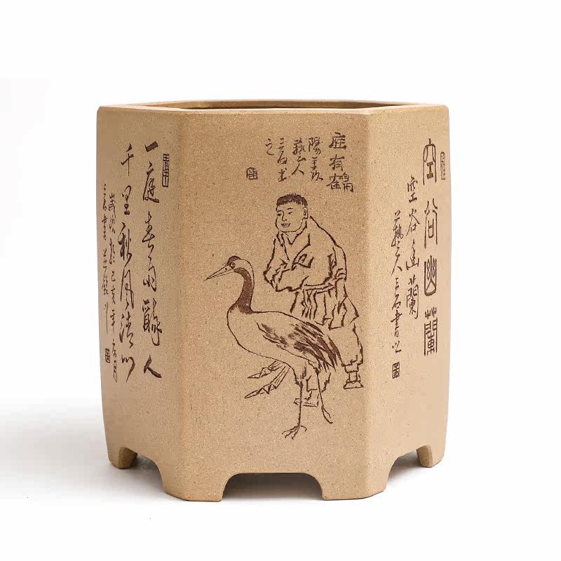 宜兴精品紫砂手工原矿本山段泥六方小签筒三石花盆