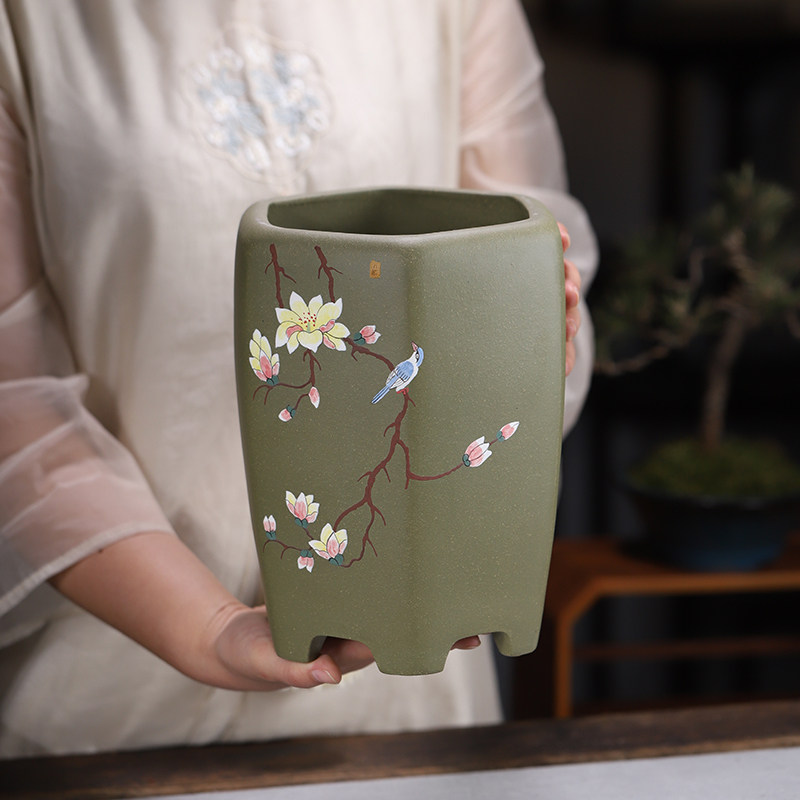 尚扣紫砂果绿泥工工笔彩绘六方花盆桌面春兰花盆