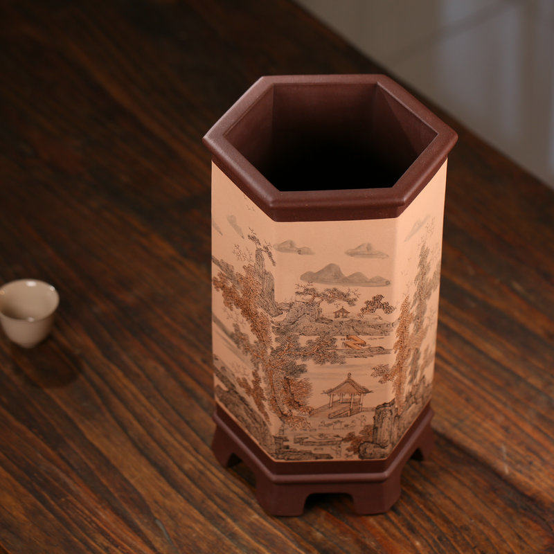 尚扣精品装饰书房花盆寒兰盆细叶紫砂潘涛墨六方花盆