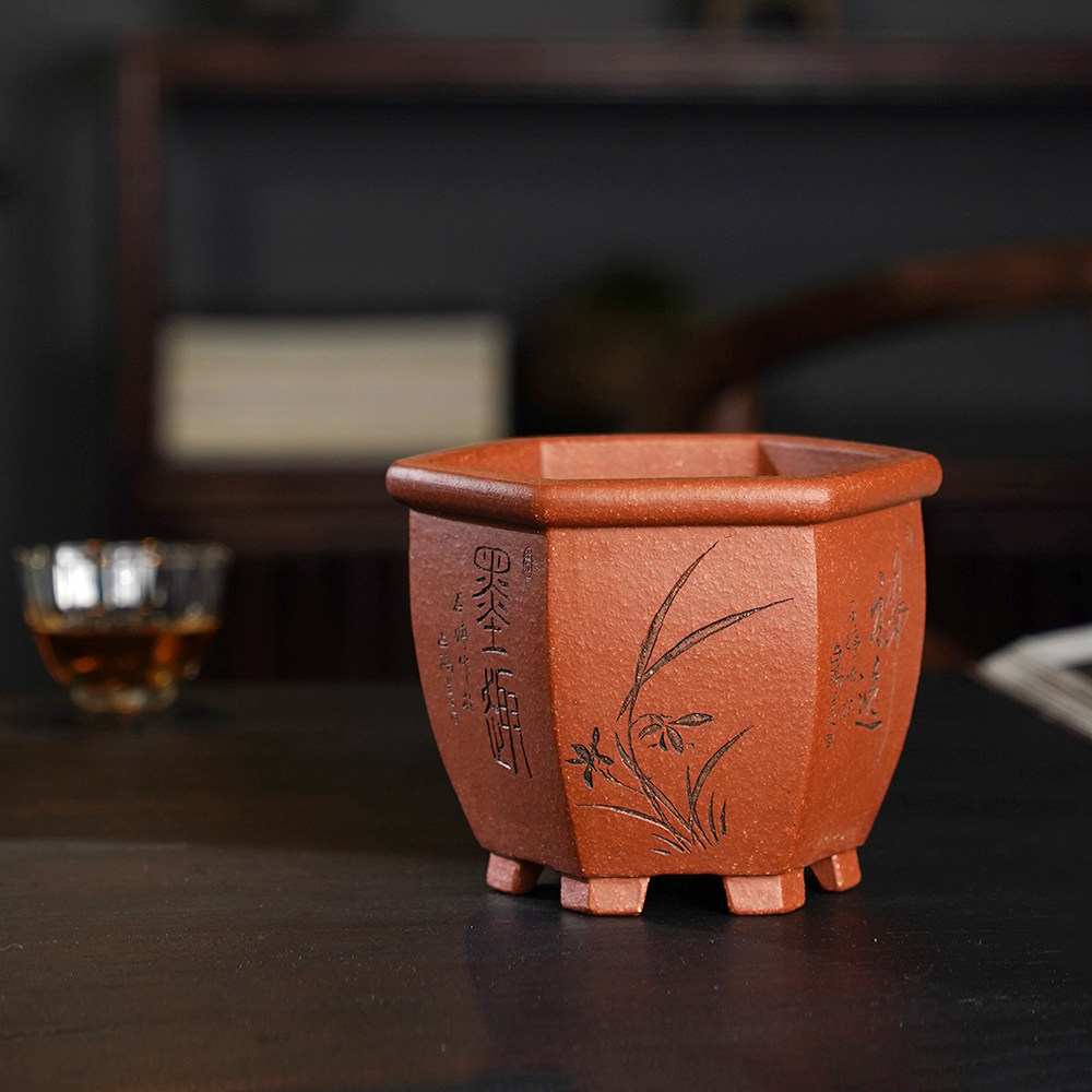 花盆尚扣精品紫砂应小清红降坡六方桌面盆景花盆