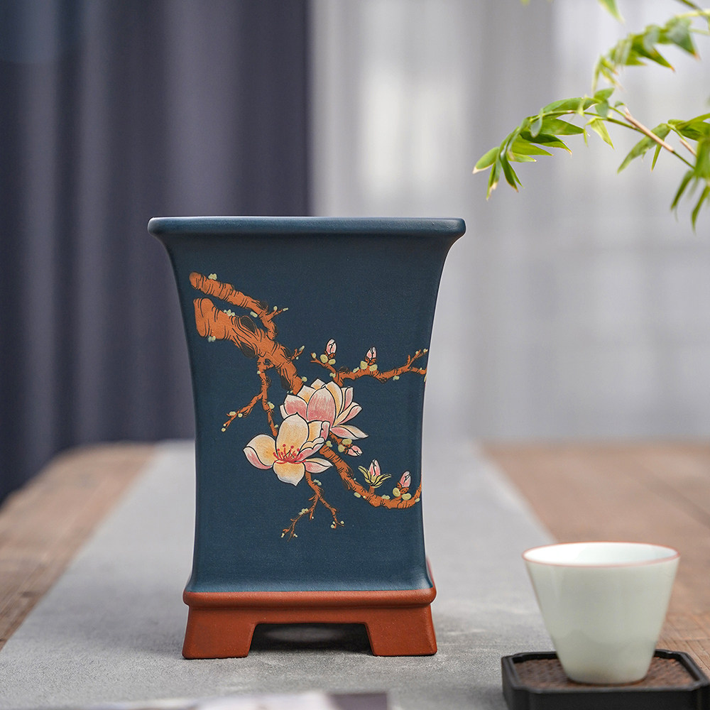 尚扣紫砂工笔彩绘束腰四方手工桌面春兰花盆花盆