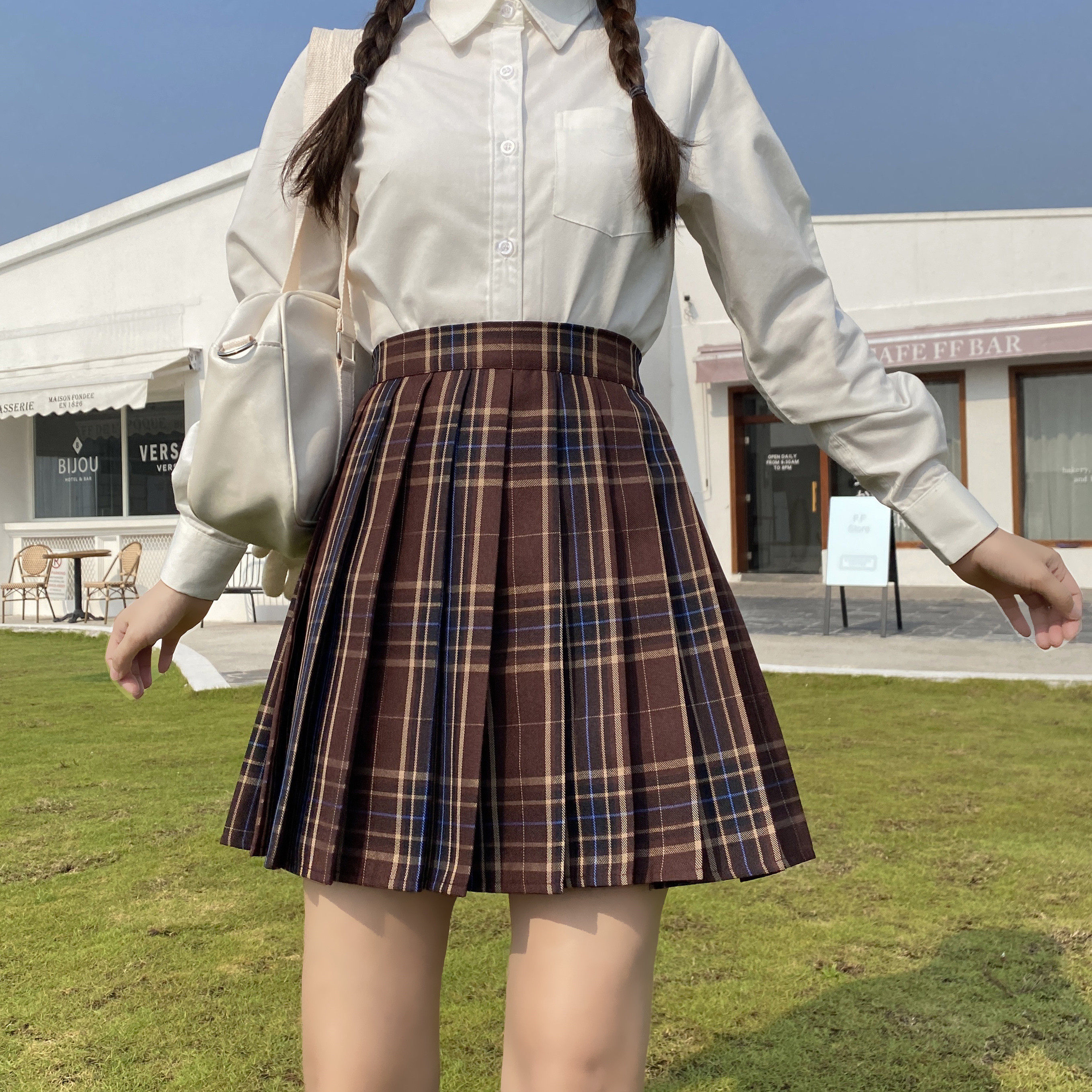 秋冬校供字裙高腰半身学院猪肝百褶裙格裙制服半身裙