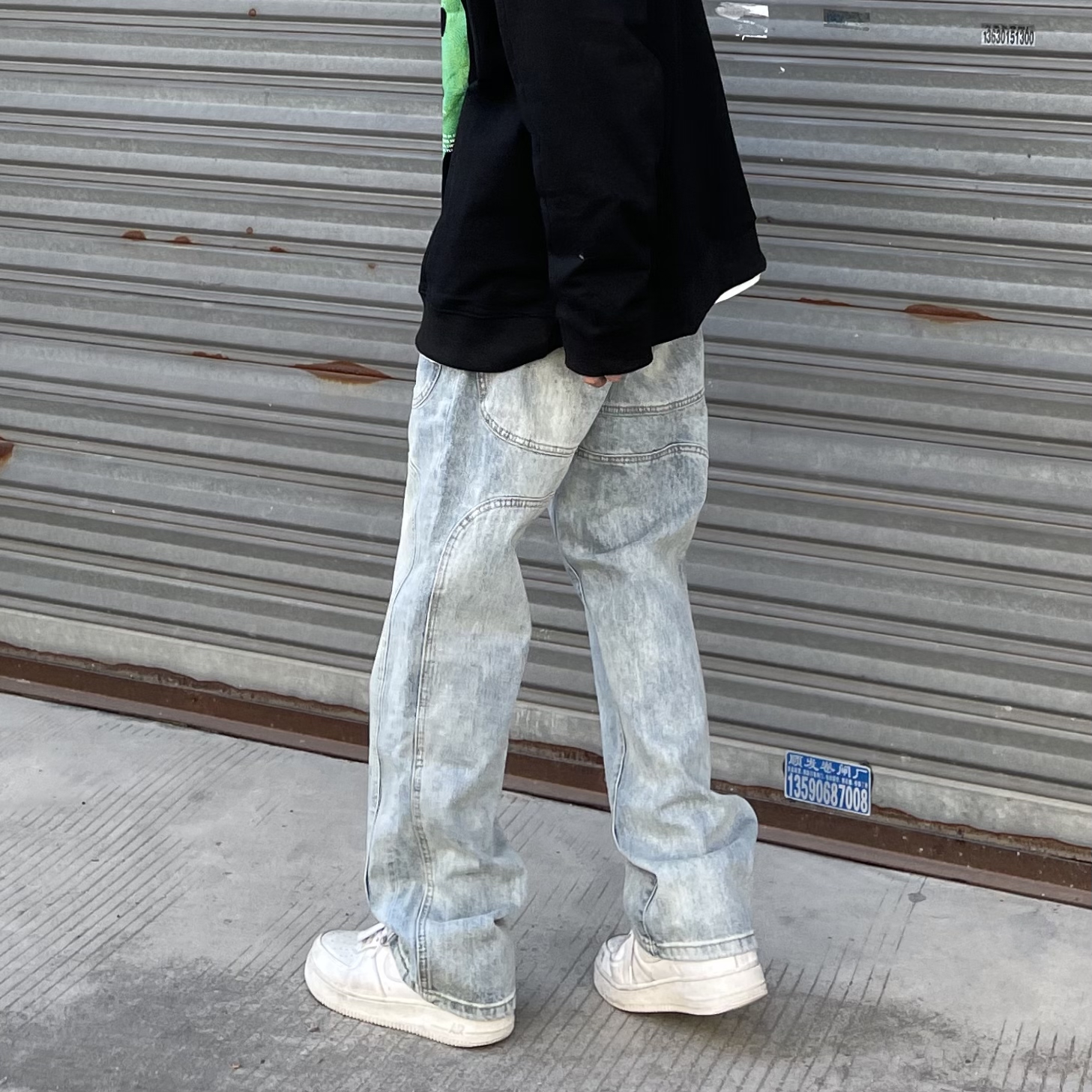 CityCity 街头嘻哈复古洗水立体牛仔裤男女高街宽松直筒长裤潮