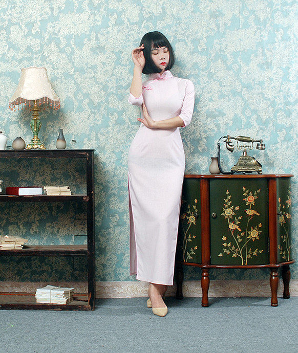 2020春夏棉麻旗袍长款包边旗袍复古文艺旗袍礼服演出日常大码旗袍