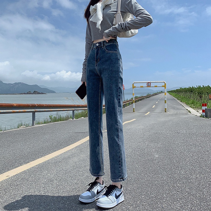 网红九分直筒裤女秋冬款韩版高腰显瘦外穿百搭弹力烟管牛仔裤女 - 三