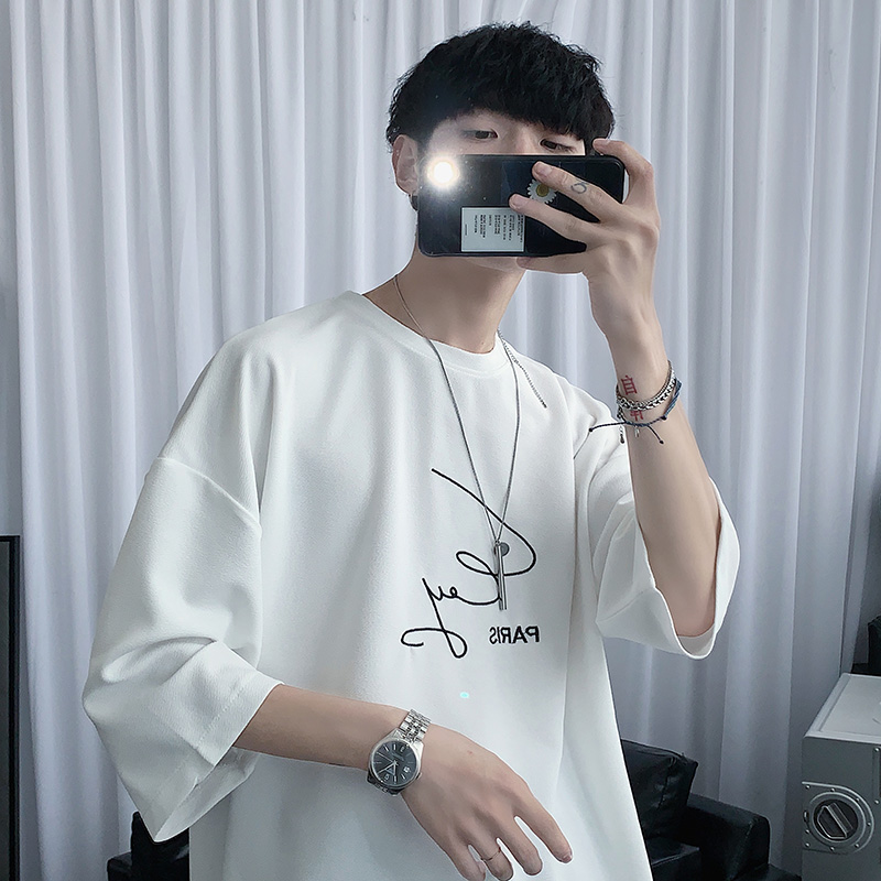 夏季七分袖短袖t恤男生潮牌ins潮流五分半袖纯棉衣服港风宽松体恤