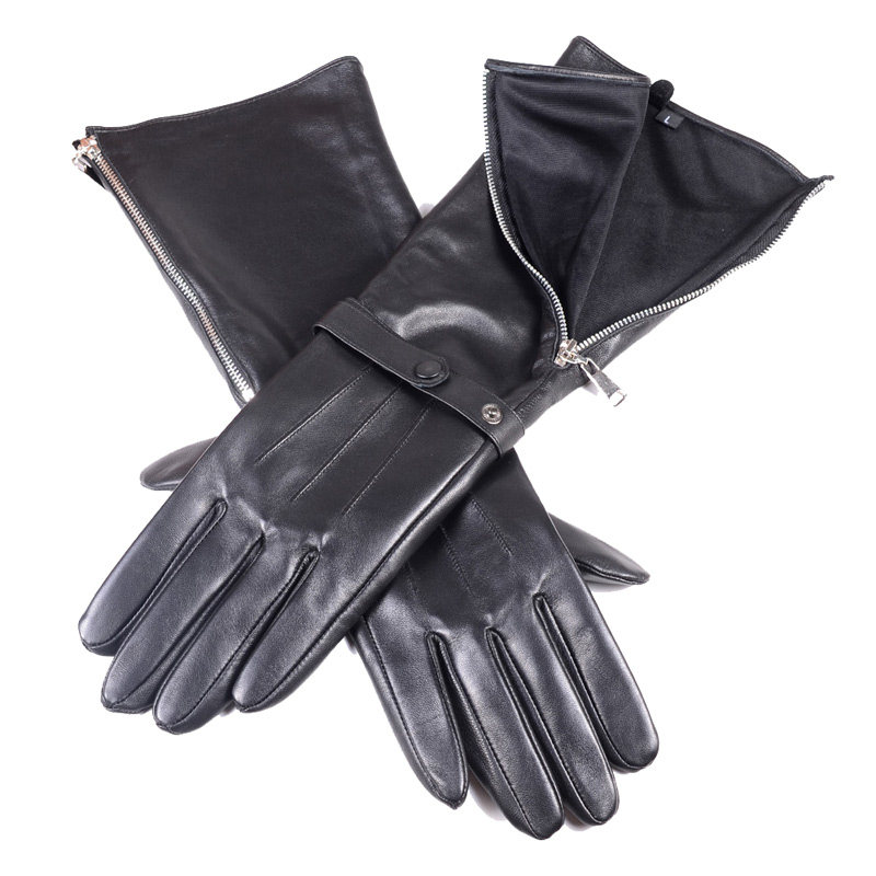 长手套男冬真皮长款朋克手套拉链手套羊皮手套摩特骑行手套加长男