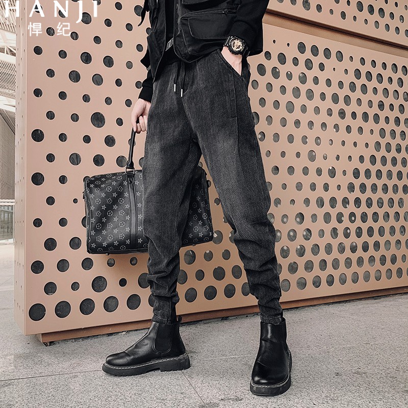黑色仿牛仔裤男士春季20212年新款潮牌ins小脚秋装休闲哈伦长裤子
