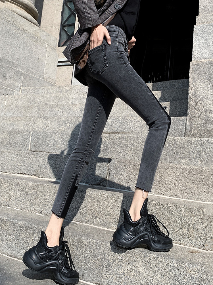 拼接牛仔裤女2022春秋新款复古高腰弹力紧身九分裤加绒铅笔小脚裤