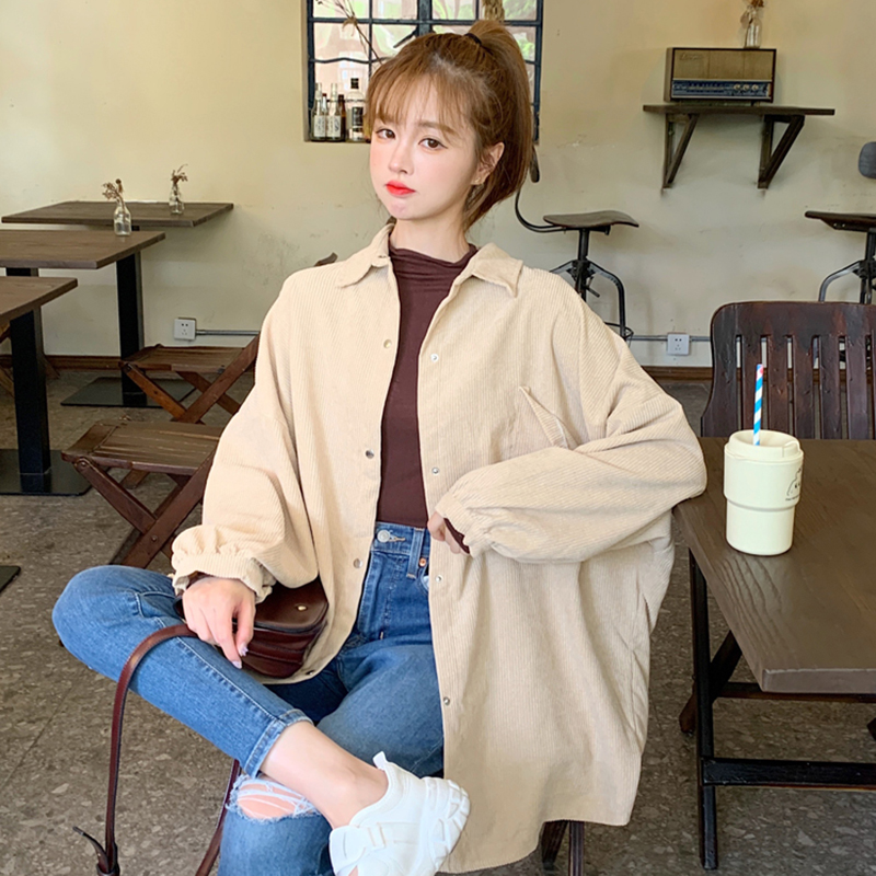 春秋女装灯芯绒衬衫女宽松韩版ins复古长袖衬衣设计感小众外套潮