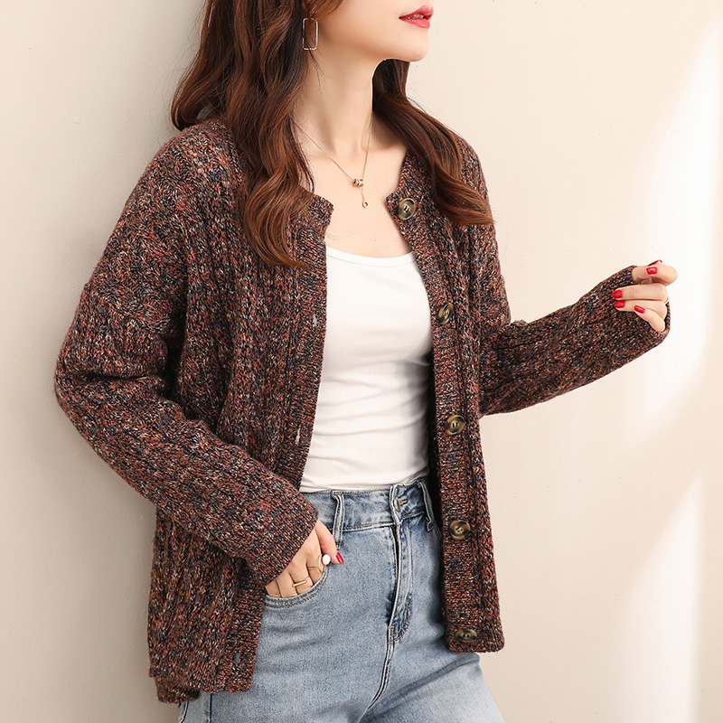 毛线圆领毛衣开衫女2020春秋新款宽松复古加厚毛针织衫