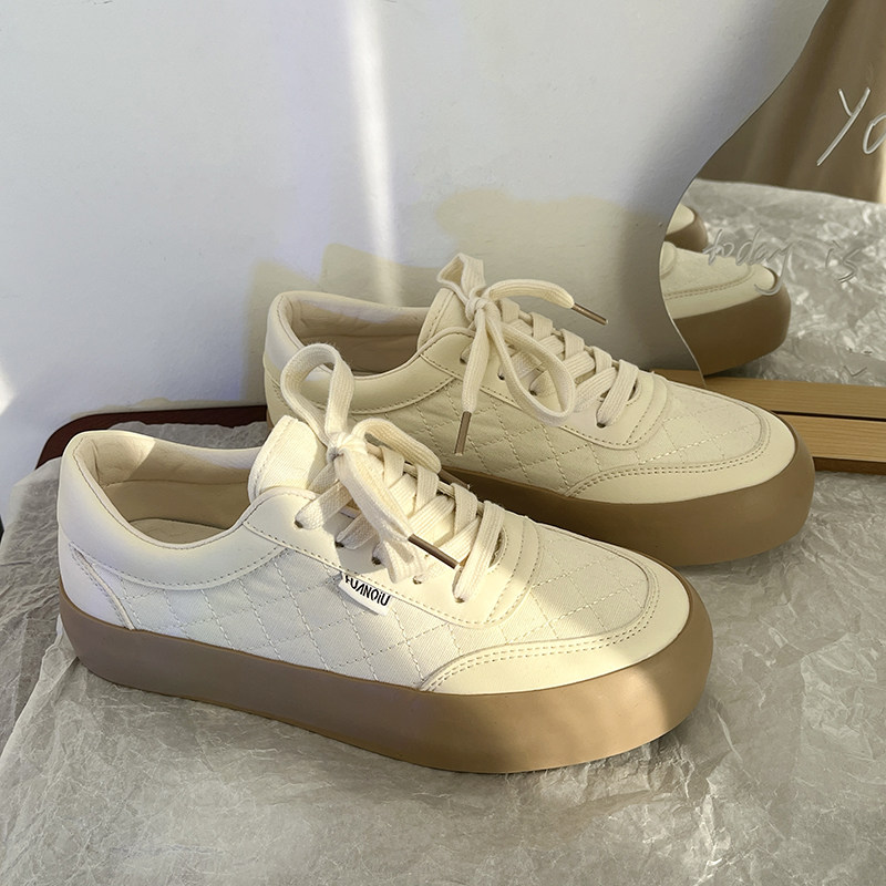 环球女鞋2022秋季小众复古奶茶色帆布鞋厚底面包鞋ins韩版小白鞋