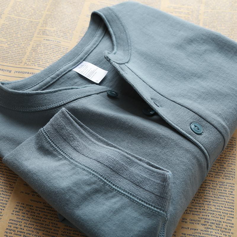 雾霾蓝 270g重磅阿美咔叽复古纯棉亨利领纯色收口短袖t恤男士上衣