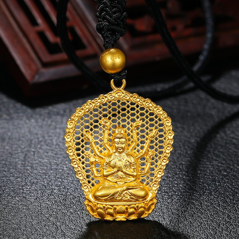 桂福珠宝千手观音古法黄金吊坠男款足金项链挂坠颈饰