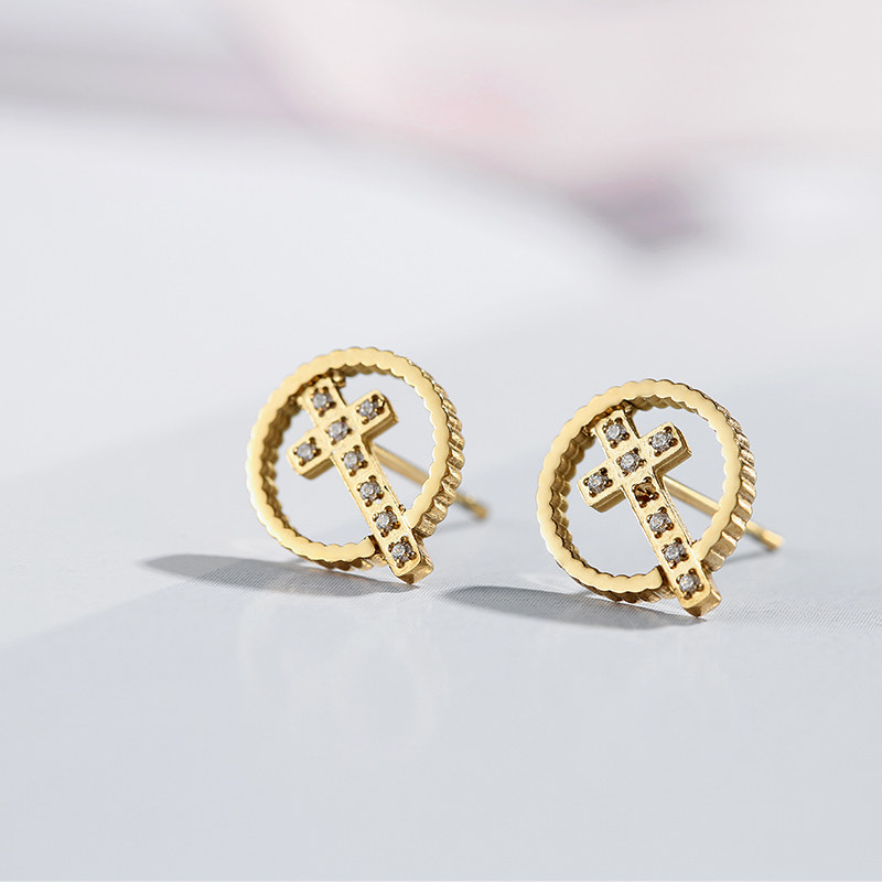 14k镀金圆形镂空十字架微镶满钻圆型耳钉ins耳钉